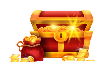 Golden treasure chest illustration, vector open pirate box, coin pile, red money sack isolated on...