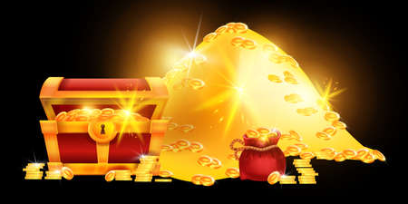 Treasure chest vector illustration, golden coin pile, red money bag, pirate hidden trunk shiny wealth. Game UI cartoon ancient case, glowing cash success abundance rich concept. Treasure chest clipartのイラスト素材
