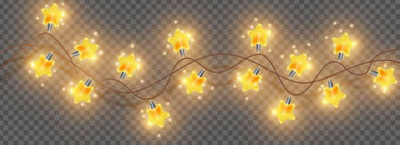 Merry Christmas light garland, vector bright star lamp string, holiday festive glow decoration golden glitter. X-mas party celebration element on transparent background. Christmas season lights borderのイラスト素材