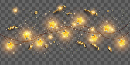 Christmas light string garland, vector New Year bright star bulb on transparent background, x-mas decoration. Party celebration glowing border, gold holiday wreath, fairy illumination. Christmas lightのイラスト素材