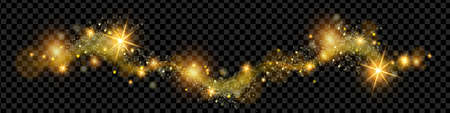 Christmas golden magic dust, shine glitter wave on transparent background, holiday sparkling stars. X-mas bright yellow swirl, New Year shiny spray, galaxy sky. Fairy lights, magic dust illustrationのイラスト素材
