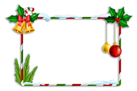 Christmas holiday vector frame, striped x-mas decoration border, festive winter square banner on white. New Year congratulation design element, fir branch, golden bell, holly. Christmas photo frameのイラスト素材