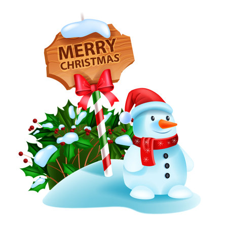 Christmas snowman vector illustration, winter holiday season cartoon character, road sign, holly bush. X-mas cute funny toy, Santa Claus hat, red scarf, happy smiling snowman on white. Christmas cardのイラスト素材