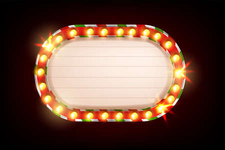 Christmas light frame, vector retro bulb sign banner, holiday vintage cinema show billboard Vegas lamp. Casino theater glowing signboard illustration electric illuminated shiny border. Christmas frameのイラスト素材