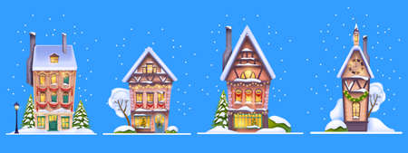 Winter Christmas house set, vector snow x-mas village street facade scene, small European town building. Noel night holiday cozy cityscape, pine tree, snowdrift, decorated window. Winter house cottageのイラスト素材
