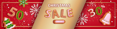 Christmas holiday sale banner, vector x-mas discount background, winter promotion offer landing page. New Year gold celebration festive poster, gingerbread cookie, snowflake. Christmas sale voucherのイラスト素材