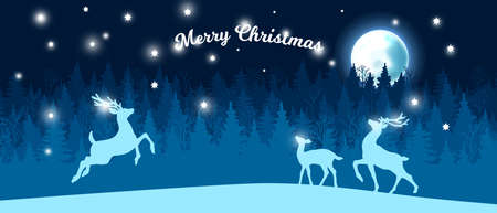 Christmas snow forest winter background, vector blue night tree silhouette landscape, moon, reindeer. Holiday woodland outline illustration, x-mas nature scene, star season wallpaper. Christmas forestのイラスト素材