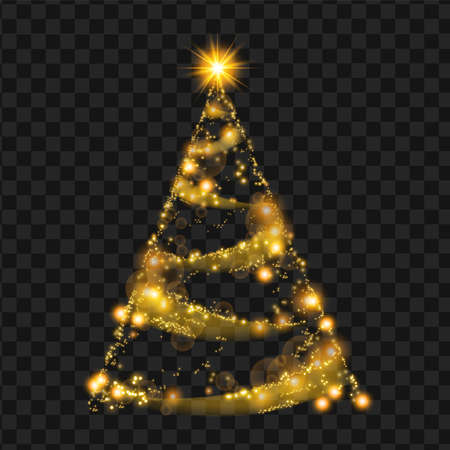 Gold Christmas tree, vector sparkle star decoration abstract holiday pine on transparent background. X-mas shiny winter illustration, glitter gift card, glowing magic ornament. Night Christmas treeのイラスト素材