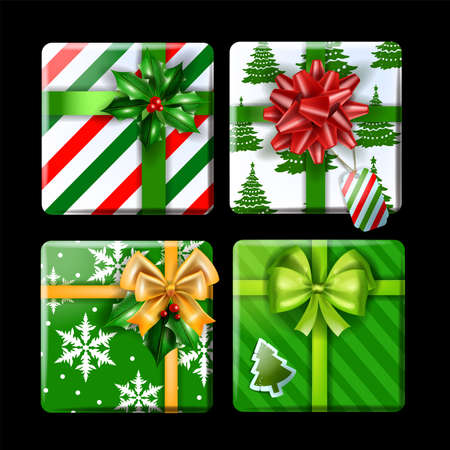 Christmas gift box vector illustration set, x-mas winter holiday present kit, New Year surprise package. Festive wrapping paper, red bow, holly leaf, realistic top view object. Christmas gift clipartのイラスト素材