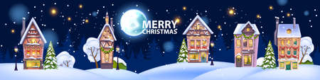 Christmas winter house illustration, vector snow x-mas home, night little town background, full moon. Holiday village street postcard, decorated building facade, snowdrift. Winter house, festive lightのイラスト素材