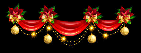 Christmas holiday border, vector x-mas ribbon curtain frame, golden winter decoration, yellow bow. Festive celebration garland, poinsettia leaf holly, evergreen plant on black. Christmas border headerのイラスト素材