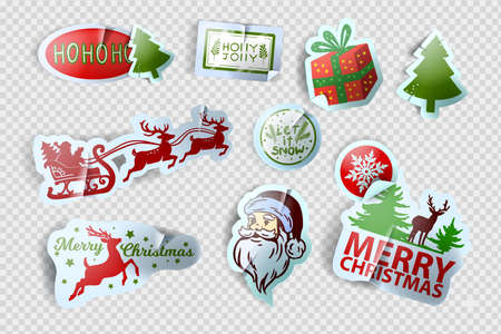 Christmas sticker vector set, x-mas winter holiday label kit, New Year cute tag illustration, Santa Claus. Realistic paper badge, reindeer silhouette, present, gift box, pine tree. Christmas stickerのイラスト素材