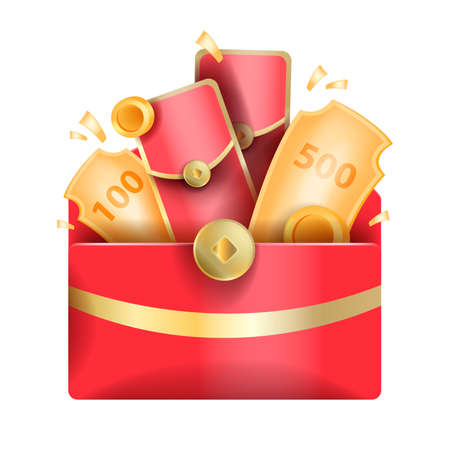 Lucky Chinese red envelope, New Year Asian 3D celebration gold pocket, vector promotion bonus voucher. Festival lunar sale design, traditional oriental coupon poster. Lucky envelope clipartのイラスト素材