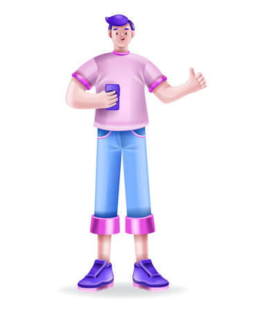 3D young man holding smartphone, happy vector cartoon character illustration, thumbs up funny geek. Student using cell phone, online communication internet concept cheerful guy in t-shirt. 3D man lookのイラスト素材