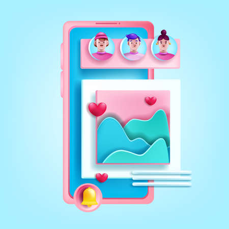 3D social media vector icon, smartphone screen, digital marketing app design, online chat, user...