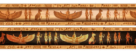 Egypt seamless border set, vector ancient ethnic ornament frame design, goddess silhouette. Old papyrus texture, vintage hieroglyph wall mural illustration, religion calligraphy print. Egypt borderのイラスト素材