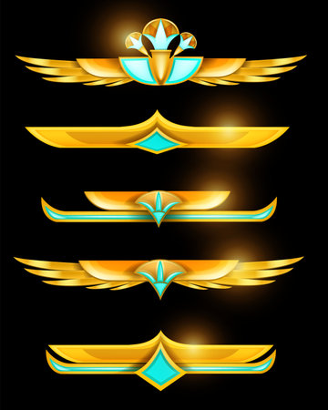 Egypt UI game antique border set, vector ancient gold frame ornament kit, abstract lotus header design. Ethnic geometric tribal vintage jewelry collection, user interface menu asset. Egypt UI borderのイラスト素材