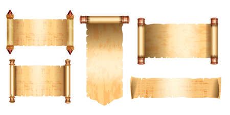 Ancient papyrus scroll set, vector game parchment paper background kit, UI Egypt manuscript background. Old letter frame, medieval vintage texture document design element. Open papyrus scroll iconsのイラスト素材