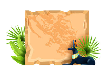 Stone sign block, vector Egypt rock tablet, game user interface cracked granite frame, Anubis statue, leaf. UI ancient texture boulder menu panel, brown desert signboard on white. Stone sign bannerのイラスト素材