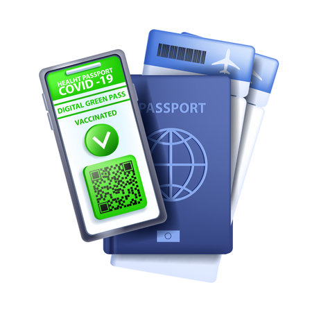 Green pass COVID-19 vaccinated digital certificate, vector safe travel concept, QR code icon, smartphone. Health passport illustration, airplane ticket, verification access card. Green pass clipartのイラスト素材