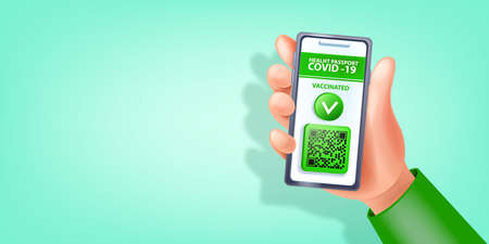 Green pass COVID-19 vaccinated certificate background, digital health passport, hand holding smartphone. European vaccination QR code banner, safe travel requirement. Medical green pass mobile appのイラスト素材