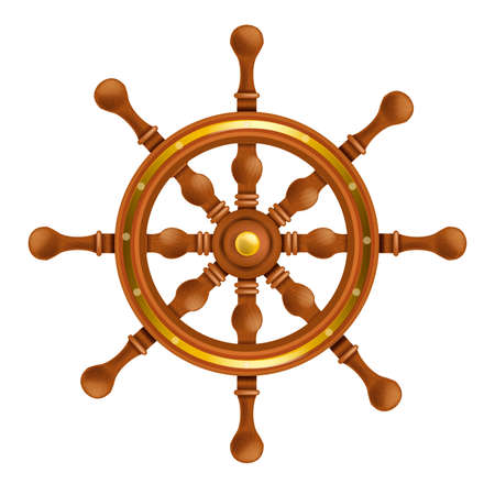 Ship steering wheel vector game icon, ancient boat vintage rudder, pirate wooden marine helm on white. Yacht retro realistic circle navigation control object. Antique ship wheel 3D ocean clipartのイラスト素材