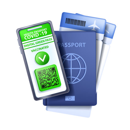 Green pass COVID-19 vaccinated digital certificate, vector safe travel concept, QR code icon, smartphone. Health passport illustration, airplane ticket, verification access card. Green pass clipartのイラスト素材