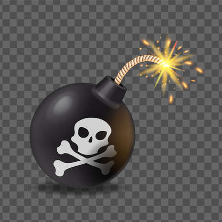 Pirate vintage black round bomb vector illustration, burning fuse on transparent background, jolly roger. Corsair old cannon ball, attack weapon game icon, skull silhouette. Pirate bomb, fire sparkのイラスト素材