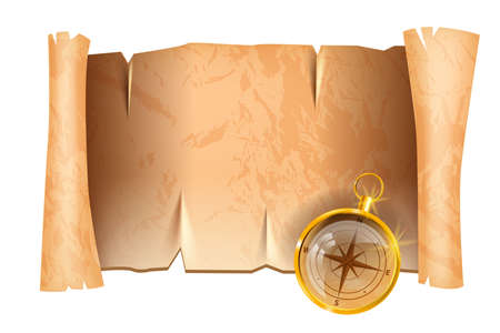 Old parchment paper scroll, vector pirate map roll, golden compass illustration, ancient texture background. Antique blank manuscript frame, game UI banner isolated on white. Parchment paper iconのイラスト素材