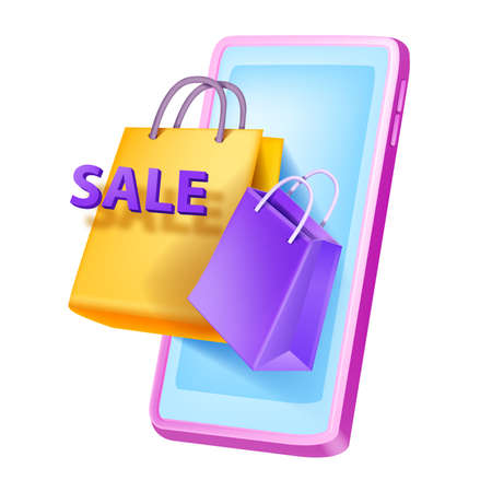 3D sale shopping vector illustration, virtual store promotion discount poster, smartphone screen paper bag. Advertisement special offer concept e-commerce internet icon. 3D sale customer bonus programのイラスト素材