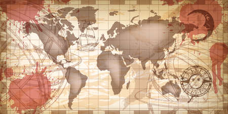 World old map, vector vintage antique cartography background, continent silhouette, wind rose sign....