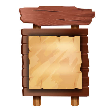 Wooden sign board vector illustration, UI game rustic placard, old parchment announcement banner. Vintage billboard frame, timber texture panel isolated on white. Wooden sign menu backgroundのイラスト素材