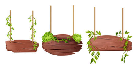 Wooden hanging sign board, vector timber rope plank set, jungle game UI menu frame kit, liana leaf. Empty information announcement panel, tropical vine isolated on white. Wooden sign pointer clipartのイラスト素材