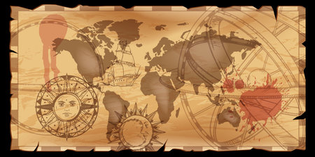 World old map, continent silhouette, wind rose sign vector vintage antique cartography background. Pirate retro parchment geography scrapbooking texture, engraving symbol, ink splash. World mapのイラスト素材