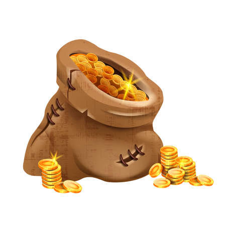 Old gold money sack, vector full coin cloth bag, vintage pouch, cartoon game UI profit icon. Success bonus concept isolated on white, jackpot illustration. Ancient treasure money bag with holesのイラスト素材