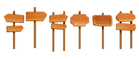 Wooden vector plank sign board set, UI game timber texture menu arrow panels isolated on white. Cartoon western road information empty pointer kit, announcement frame design element. Wooden signのイラスト素材