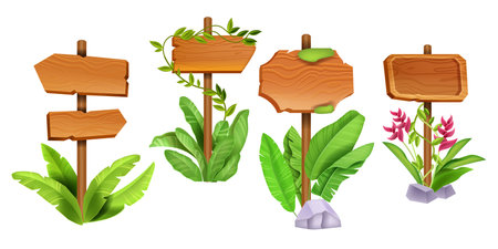 Wooden sign board tropical set, vector timber road pointer frames, jungle exotic leaf, liana on white. UI game road arrow direction announcement kit, texture menu panel. Wooden cartoon sign collectionのイラスト素材