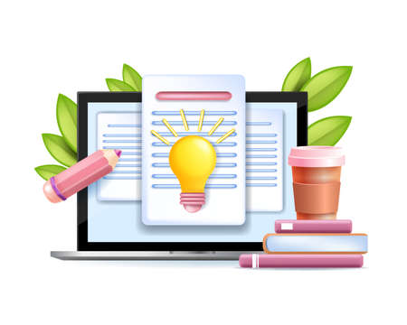 3D business content vector illustration, storytelling creative writing concept, digital document, bulb. Social media marketing, online education courses, laptop screen, books. 3D content creationのイラスト素材