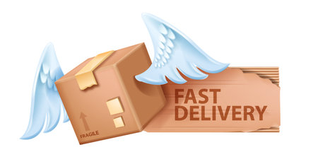 3D vector cardboard box with wings, flying closed paper shipping container, brown delivery package icon. 3D storage box with tape. Fragile cube cargo service sign design element isolated on whiteのイラスト素材