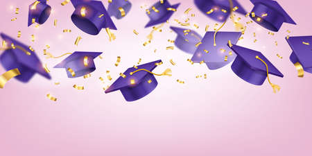 Vector school graduation cap background, university greeting ceremony banner, academy student party. Success education celebration day, college happy finish, golden glitter confetti. Graduation hatのイラスト素材