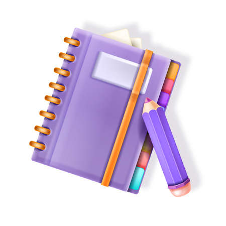 3D notebook vector icon, closed blank diary spring cover, office planning paper stationery object on white. Brochure magazine illustration, personal daily organizer pencil. 3D purple schedule notebookのイラスト素材