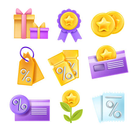 3D sale voucher icon vector set, discount tag, gift coupon, special offer card online business design. Shopping marketing finance badge kit, loyalty customer bonus program. 3D sale present stickerのイラスト素材