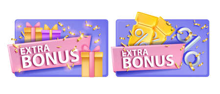 3D voucher coupon gift card set, vector discount offer promotion ticket, extra bonus banner on white. Special sale reward, customer loyalty program premium promo badge. 3D holiday VIP voucherのイラスト素材