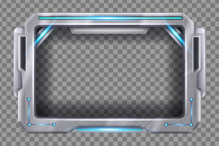 Tech futuristic frame vector screen, HUD digital game border panel, UI spaceship window display. Cyberpunk electronic monitor dashboard, virtual interface element, neon lights. Metal futuristic frameのイラスト素材