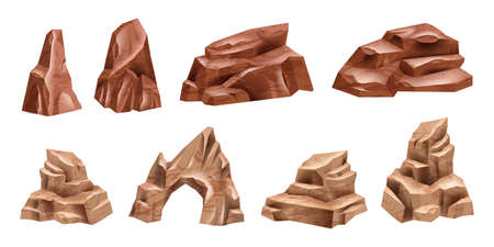 Desert rock vector set, Mexico eroded nature boulder isolated on white, cartoon stone canyon arc. Drought environment game object, west raw terrain formation, Mars dry cracked cliff kit. Desert rockのイラスト素材