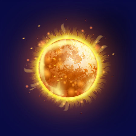 Sun planet vector icon, realistic star, space astronomy 3D galaxy illustration, hot fire flares, energy shine. Red solar ball, giant burn globe, sunshine cosmic clipart on blue background. Sun planetのイラスト素材