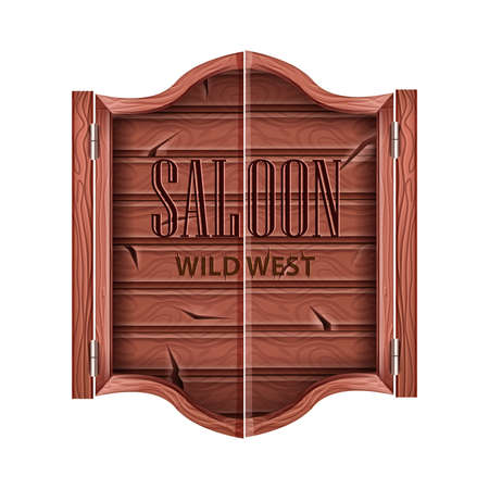 Saloon door, vector wild west bar entrance, Texas wooden pub sign, vintage timber rustic frame on white. Tavern antique gate, retro America traditional doorway. Texture swinging saloon door iconのイラスト素材