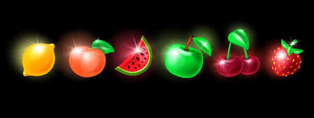 Casino slot fruit icon kit, glossy fresh apple, cherry, vector game gambling machine badge set. 3D lucky win delicious UI design elements, watermelon, strawberry, peach, lemon. Isolated casino fruitのイラスト素材
