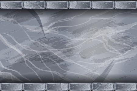 Stone wall top view, gray rock texture vector background, cement grunge tile, UI game texture. Dark marble frame, solid cracked surface, nature material architecture element. Stone wall brickのイラスト素材