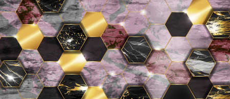 Marble hexagon tile background, vector golden geometric abstract texture, pink stone rock print....